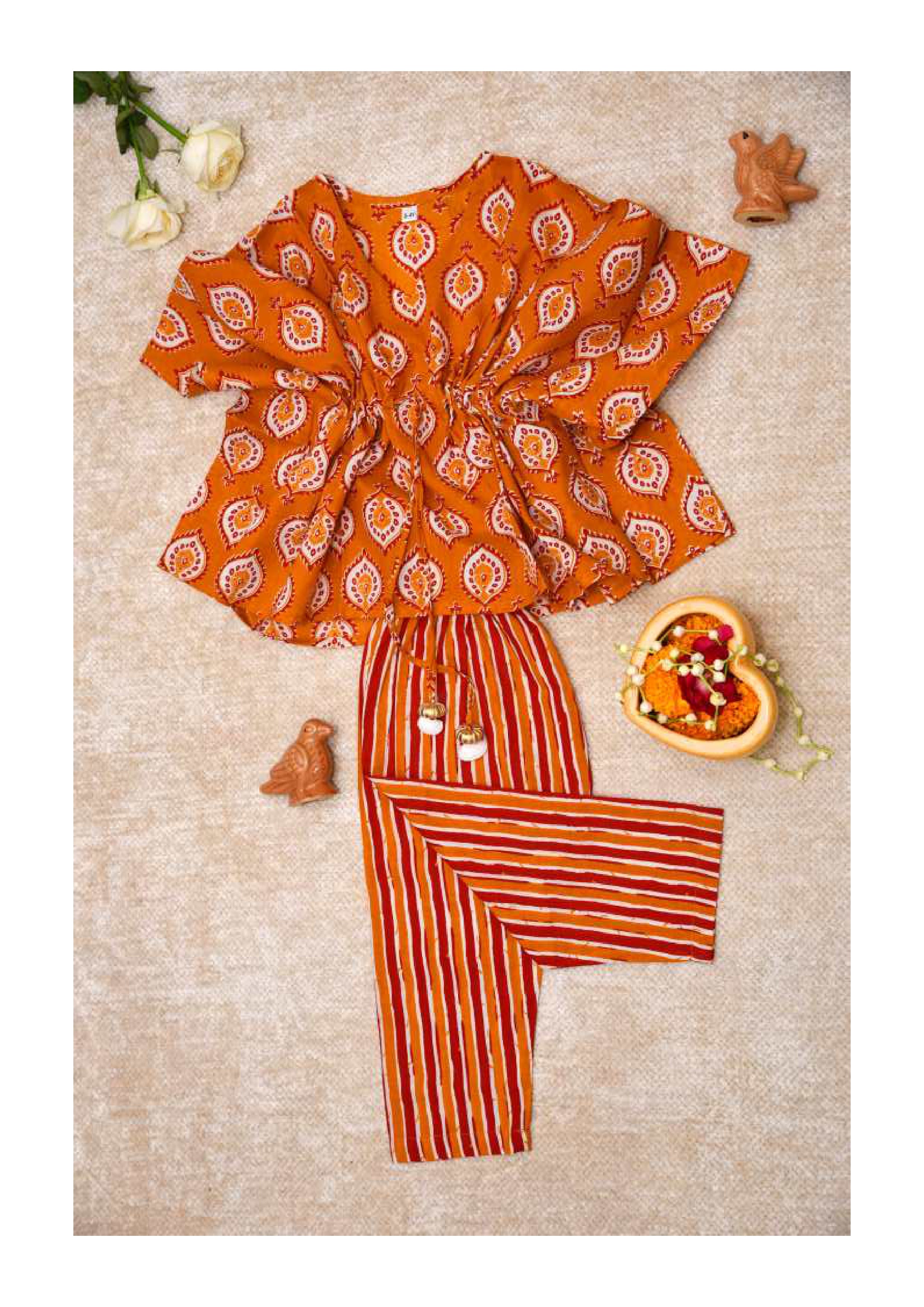 Rust orange kaftan set for girls