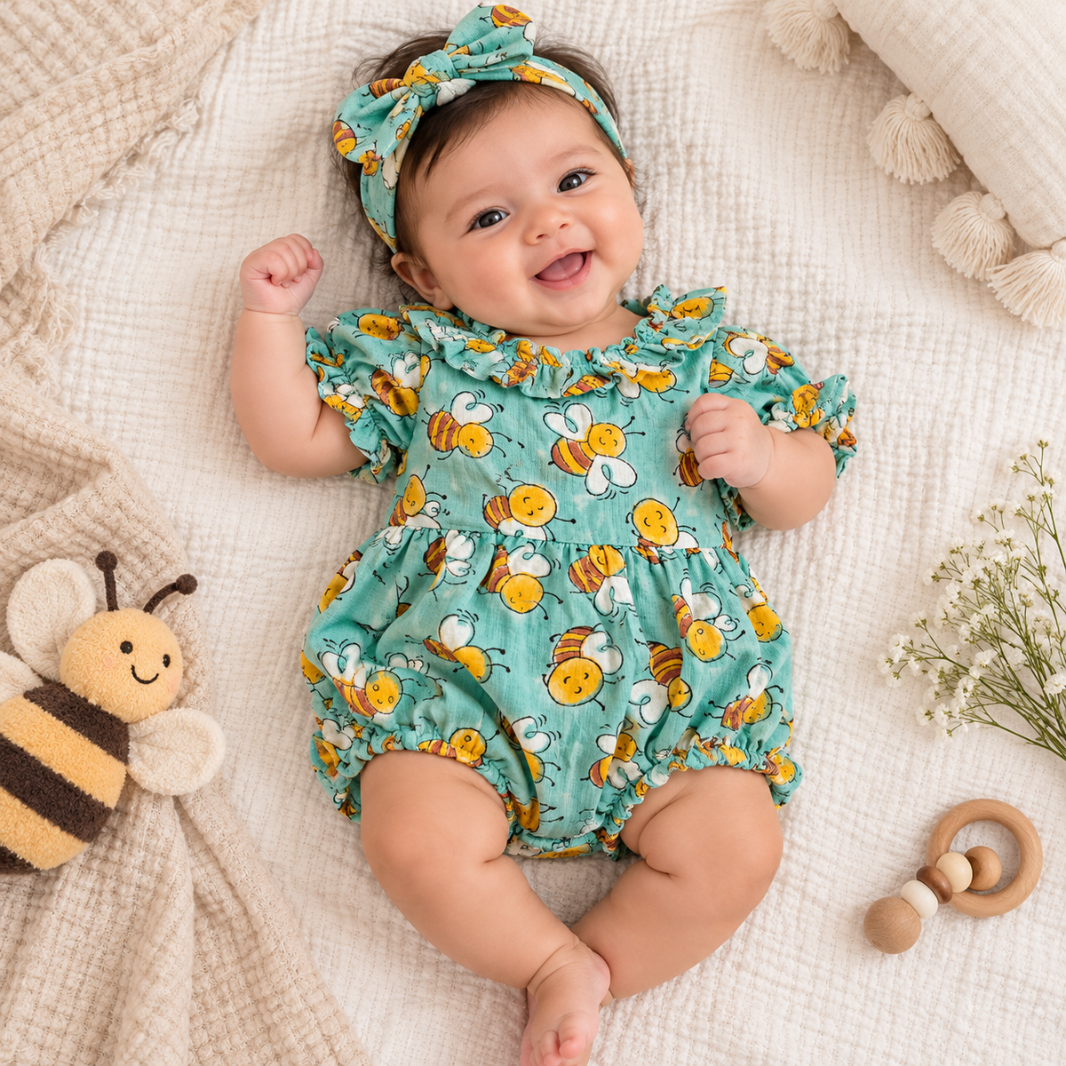 NEW BORN BABY GIRL BEES PRINT MUSLIN ROMPER