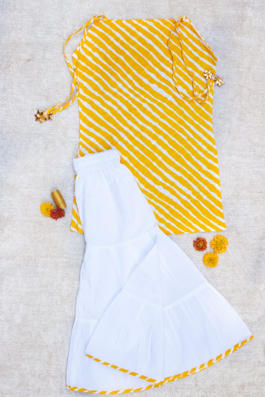yellow print tie-up kurta with sharara pant