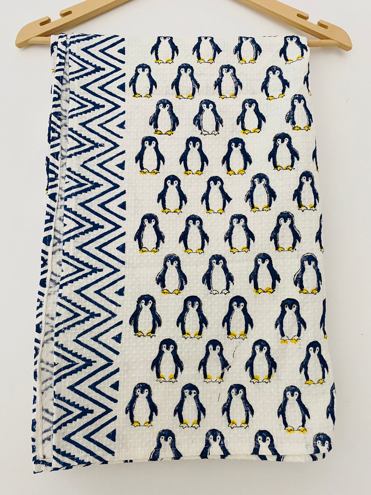 Hand Block Printed Cotton Towel- Penguin print