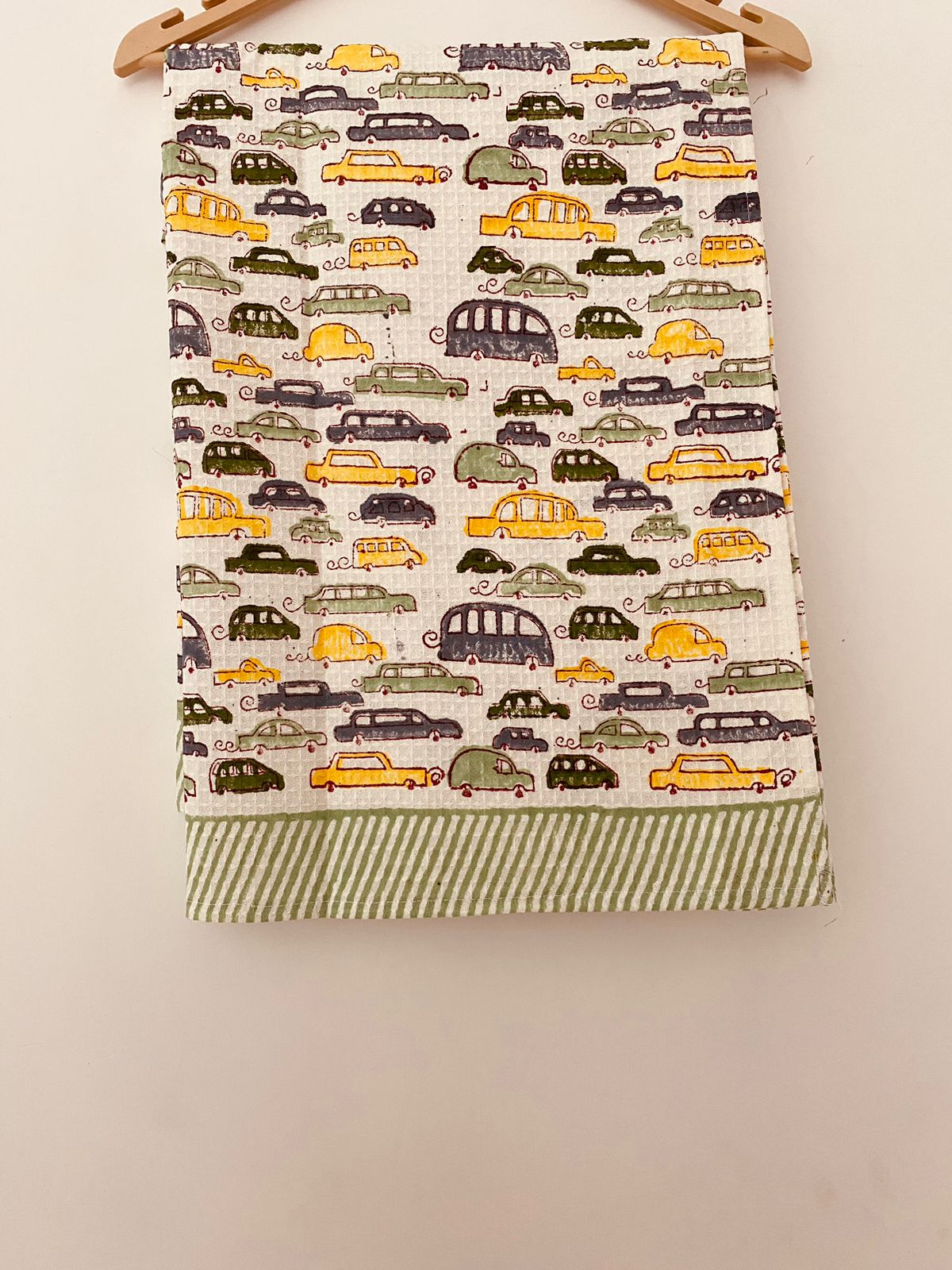 Hand Block Printed Cotton Towel - Yellow cars print