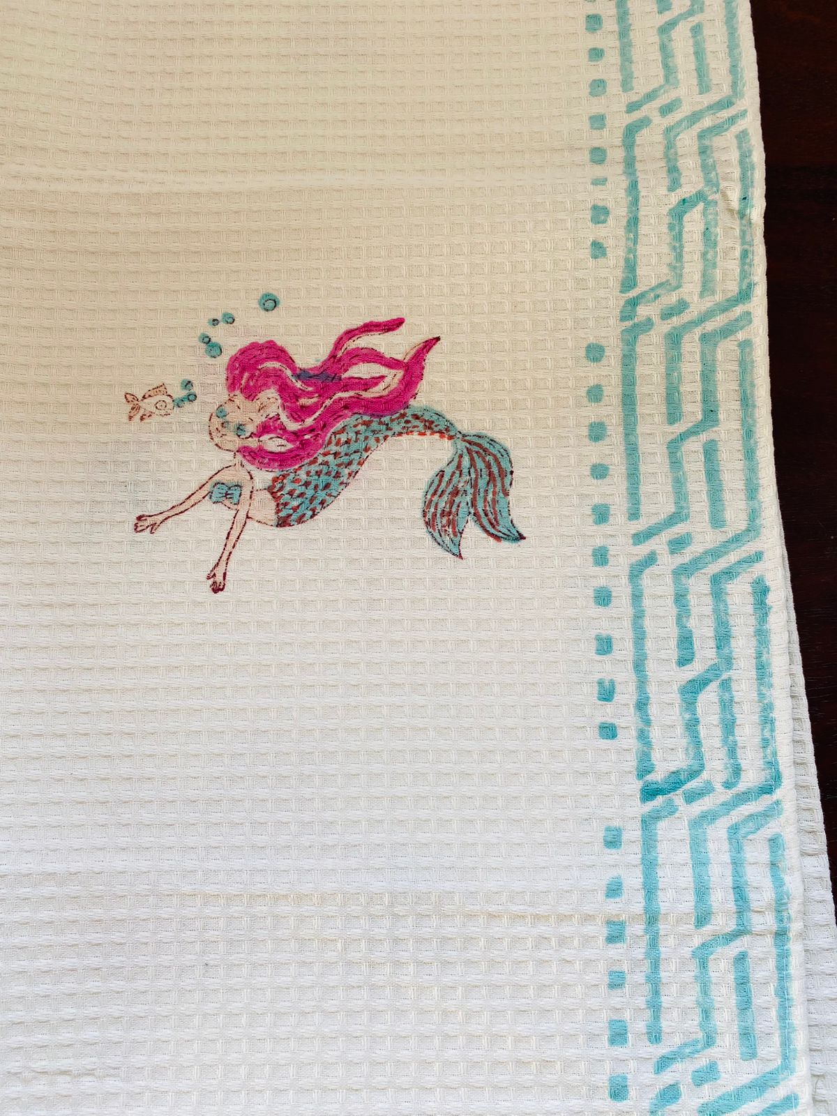 Hand Block Printed Cotton Towel - Mermaid print