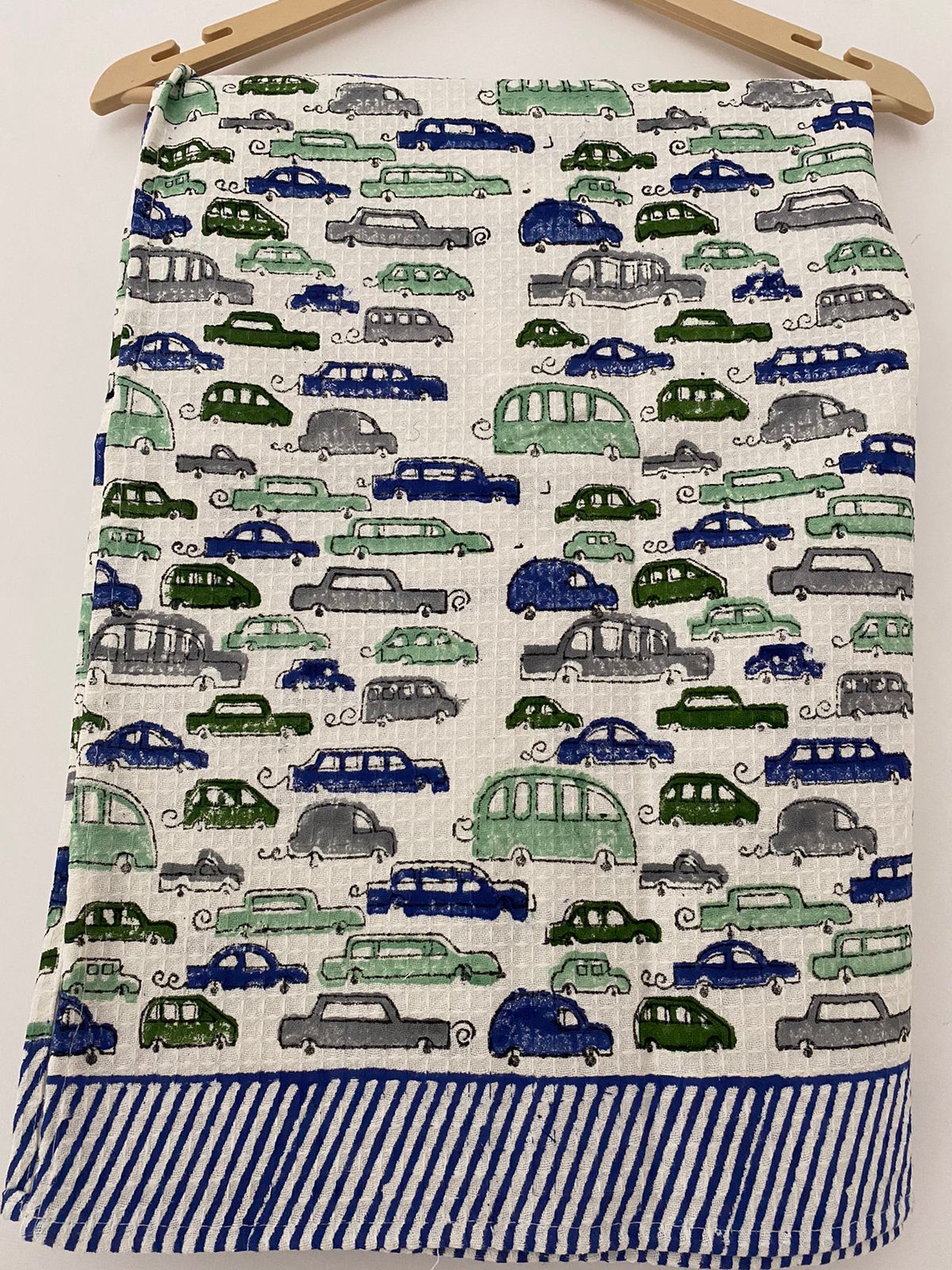 Hand Block Printed Cotton Towel - Blue cars print