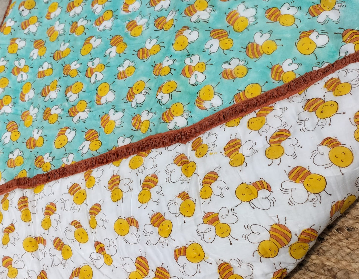 Honey Bees – Hand Block Print Reversible Cotton Quilt for Kids