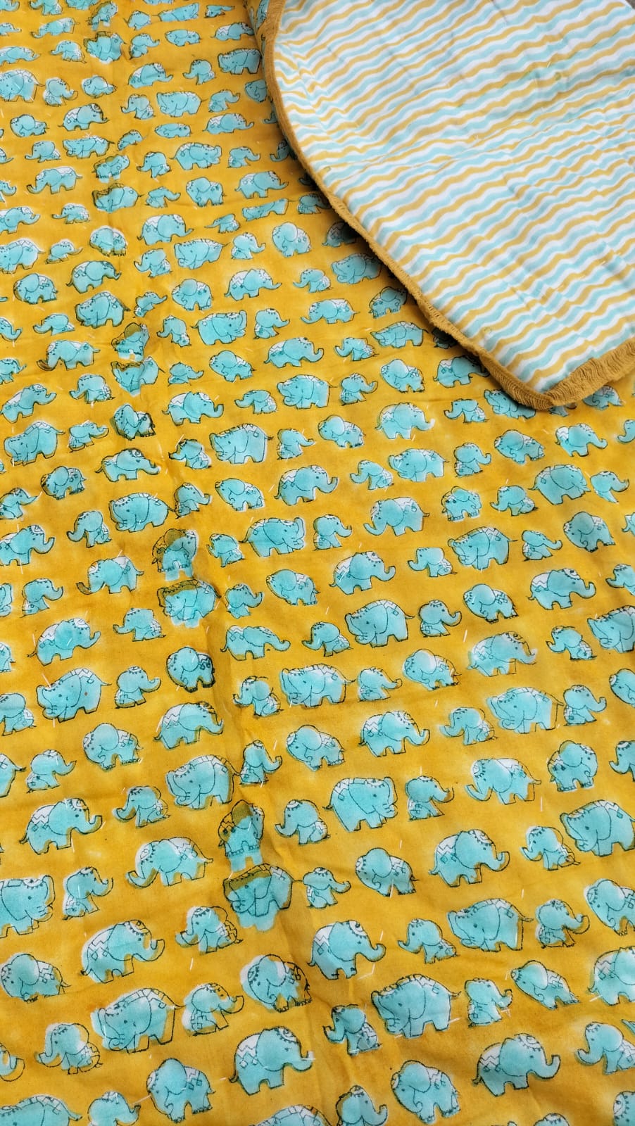 Turquoise blue Elephant – Hand Block Print Reversible Cotton Quilt for Kids