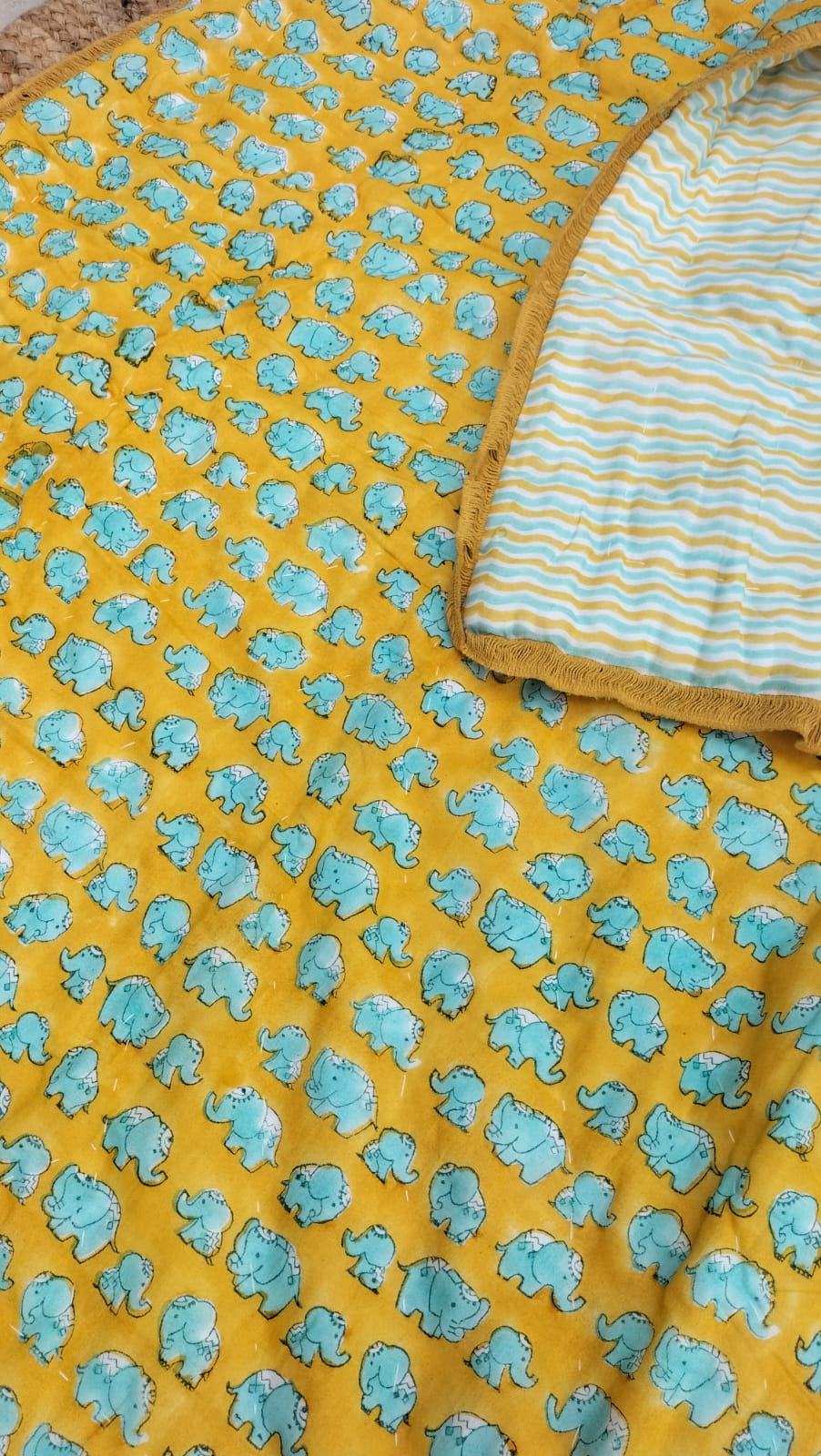Turquoise blue Elephant – Hand Block Print Reversible Cotton Quilt for Kids