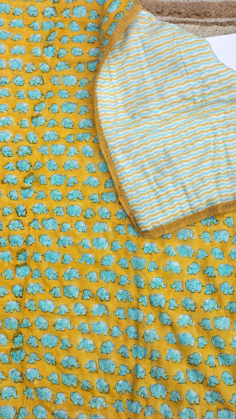Turquoise blue Elephant – Hand Block Print Reversible Cotton Quilt for Kids