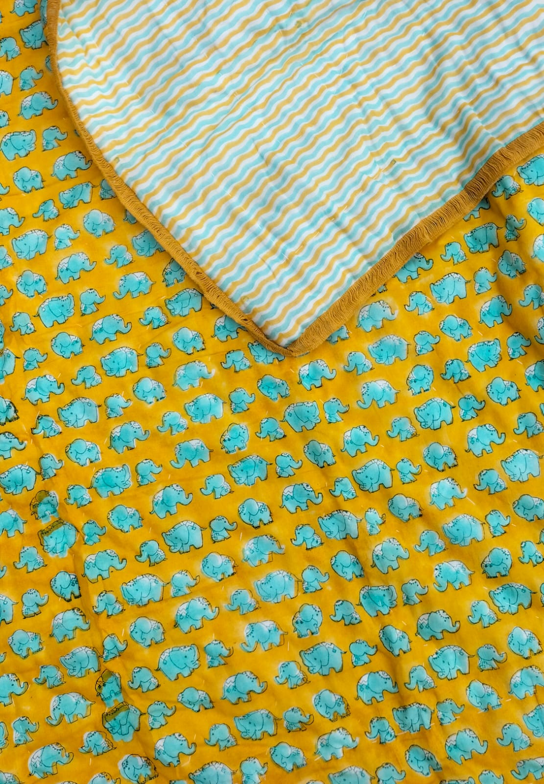 Turquoise blue Elephant – Hand Block Print Reversible Cotton Quilt for Kids