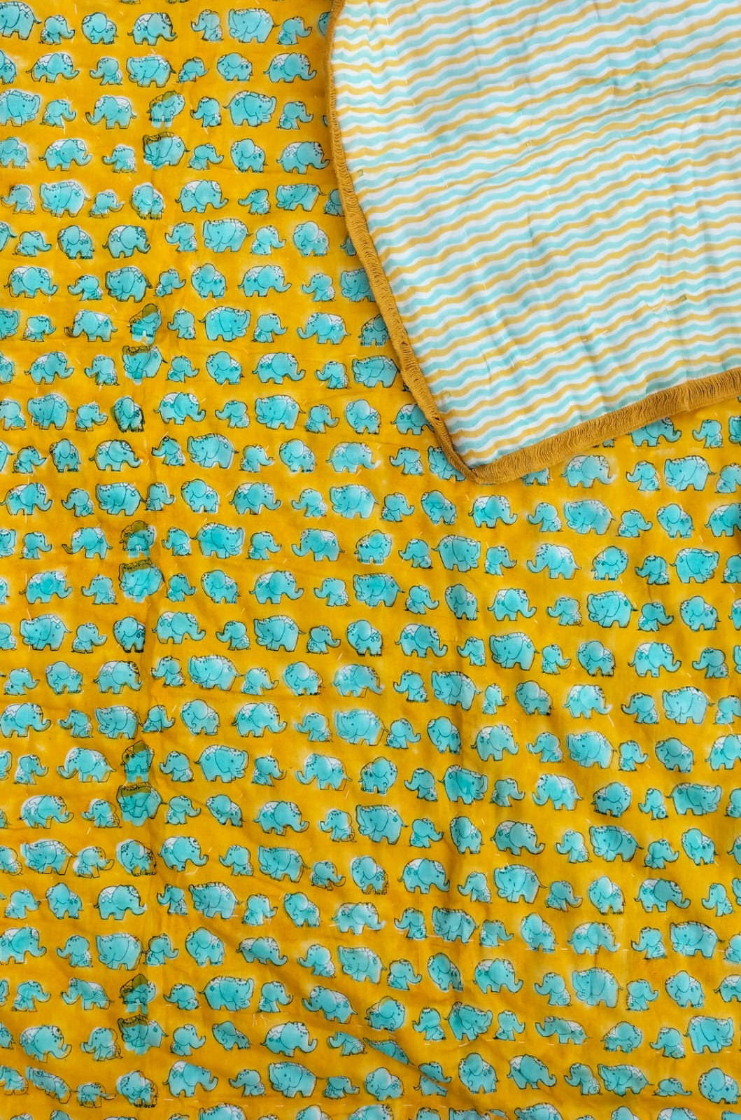 Turquoise blue Elephant – Hand Block Print Reversible Cotton Quilt for Kids