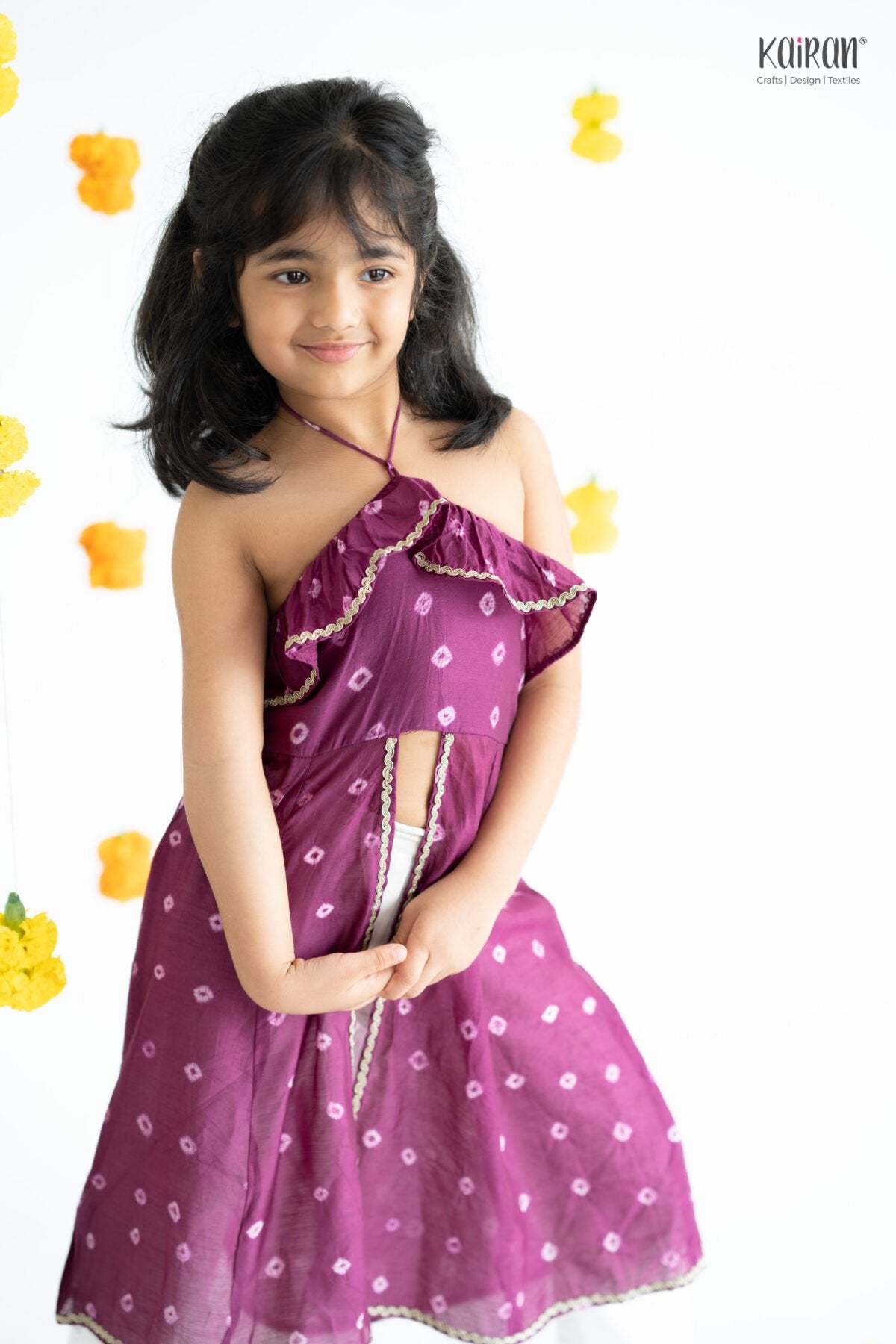 Mulberry bandhej halter tie up kurta with Pant