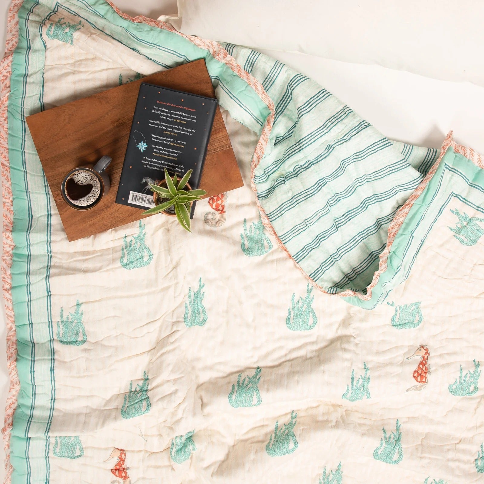 The Seahorse- Hand Block Print Reversible Cotton Quilt