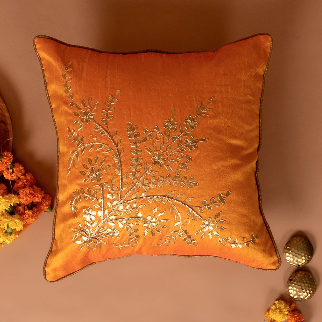 Jharokha- Dupion Silk Gota Patti Handwork Cushion Cover