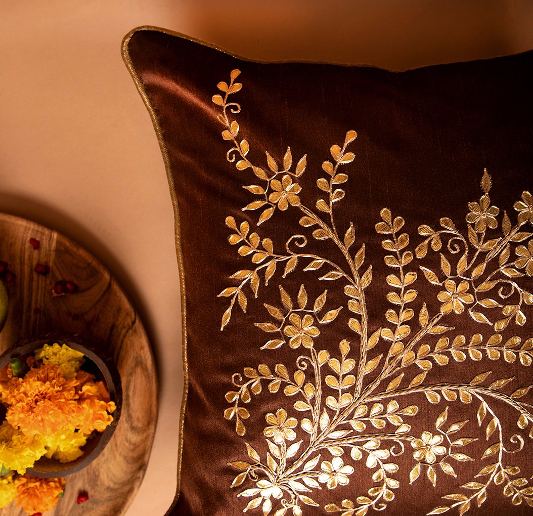 Jharokha- Dupion Silk Gota Patti Handwork Cushion Cover