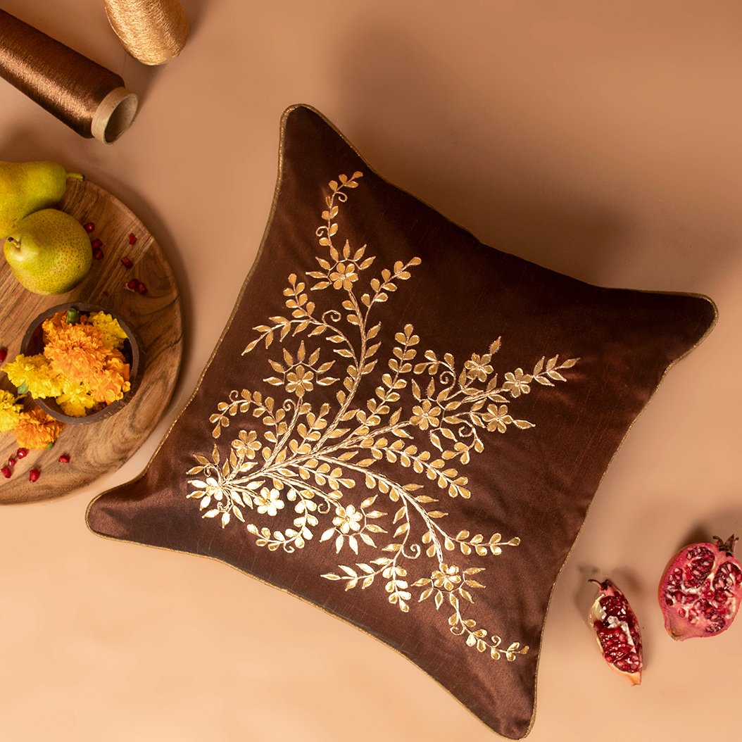 Jharokha- Dupion Silk Gota Patti Handwork Cushion Cover