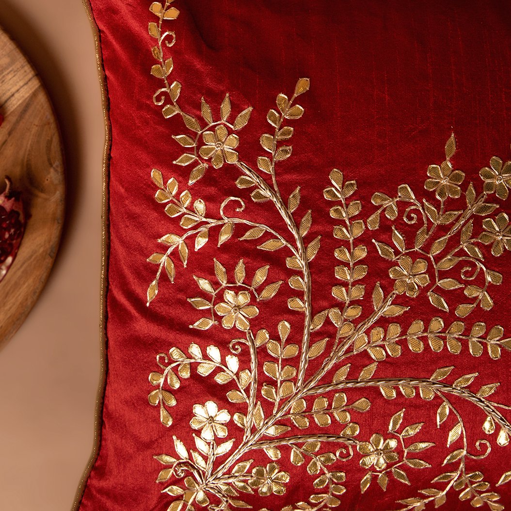 Jharokha- Dupion Silk Gota Patti Handwork Cushion Cover