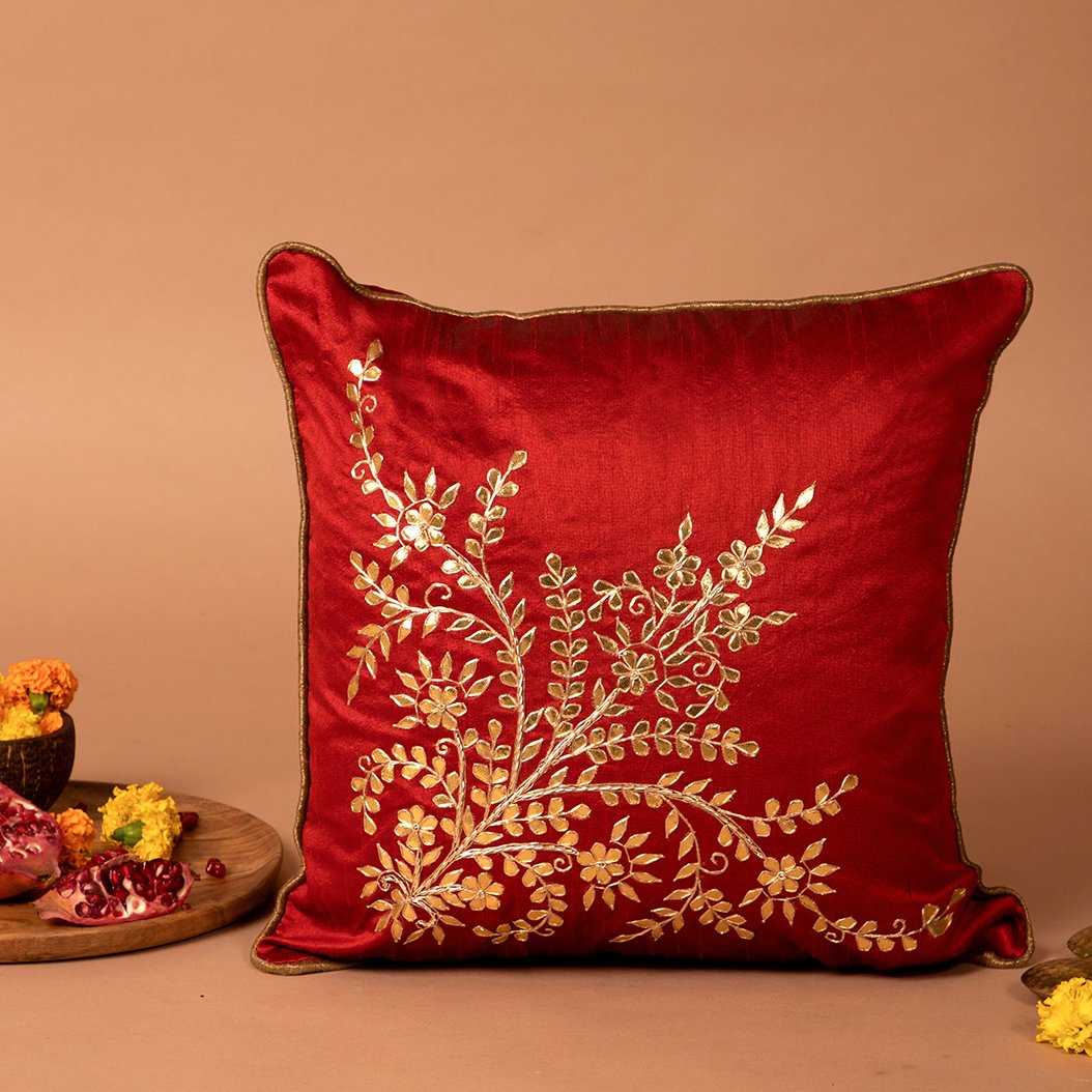 Jharokha- Dupion Silk Gota Patti Handwork Cushion Cover