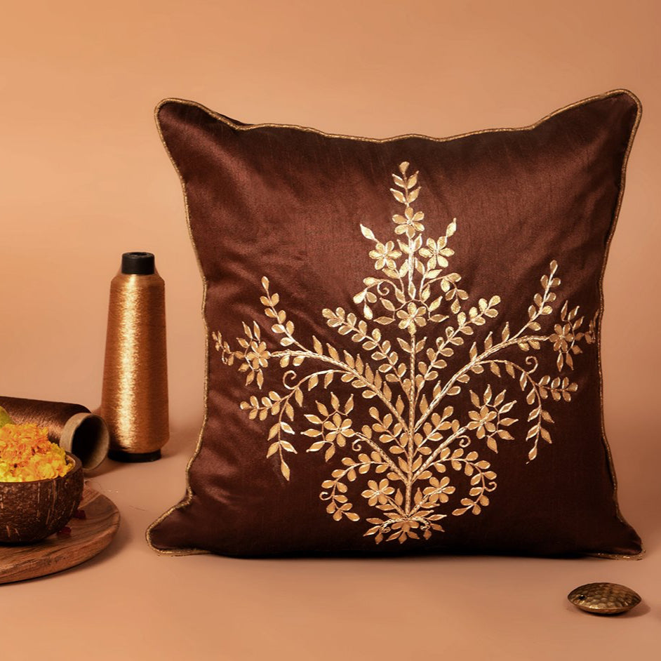 Jharokha- Dupion Silk Gota Patti Handwork Cushion Cover