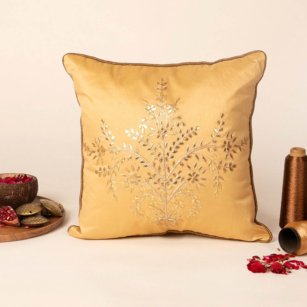 Jharokha- Dupion Silk Gota Patti Handwork Cushion Cover