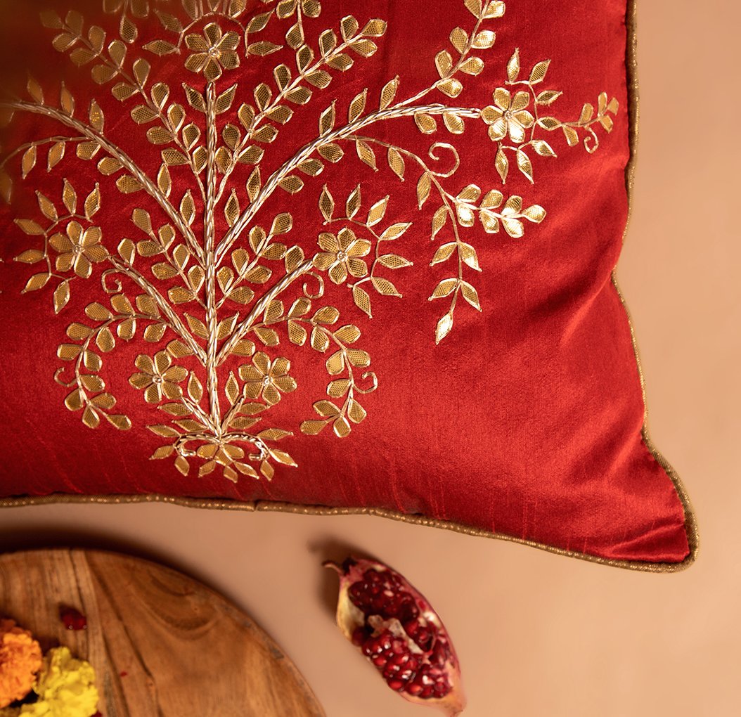 Jharokha- Dupion Silk Gota Patti Handwork Cushion Cover