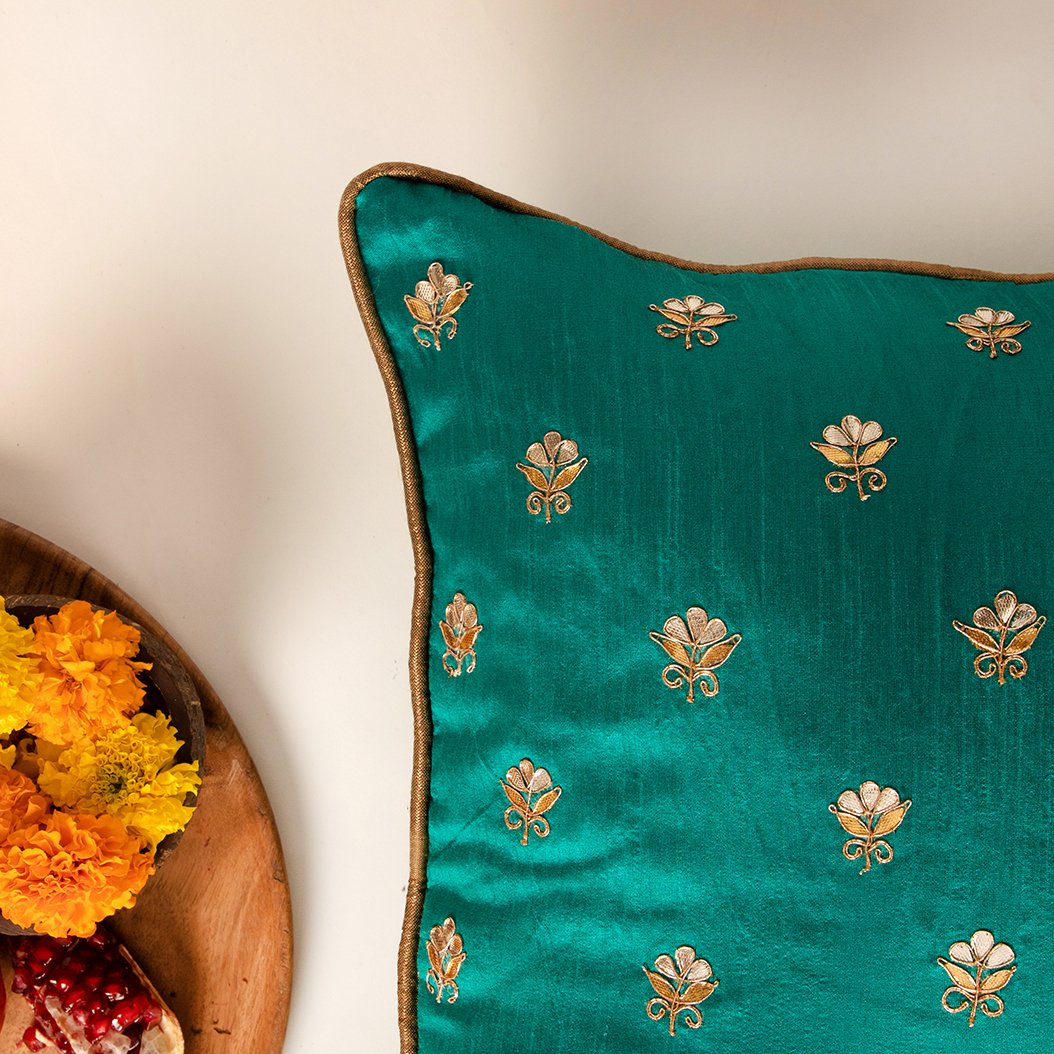Booti- Dupion Silk Gota Patti Handwork Cushion Cover
