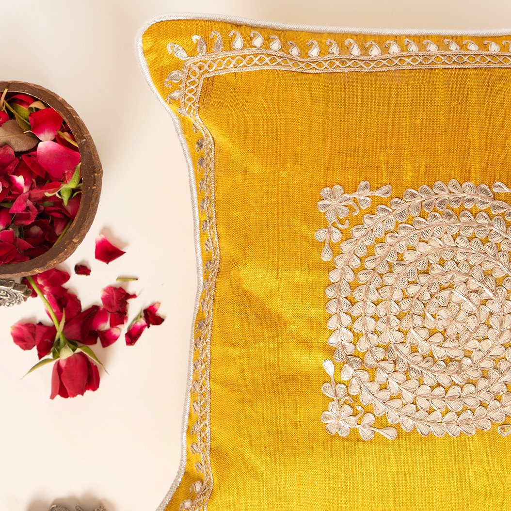 Maahru- Raw Silk Gota Patti Handwork Cushion Cover