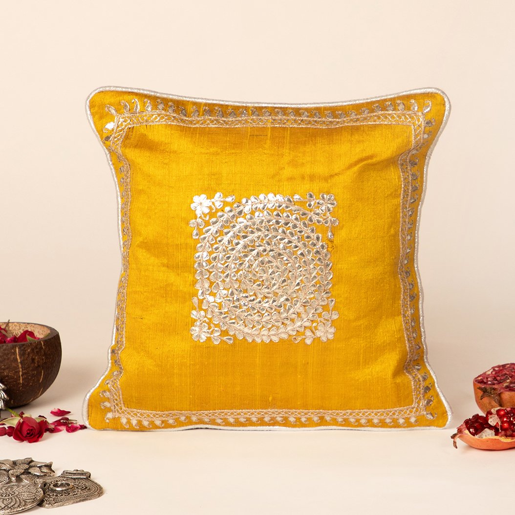 Maahru- Raw Silk Gota Patti Handwork Cushion Cover