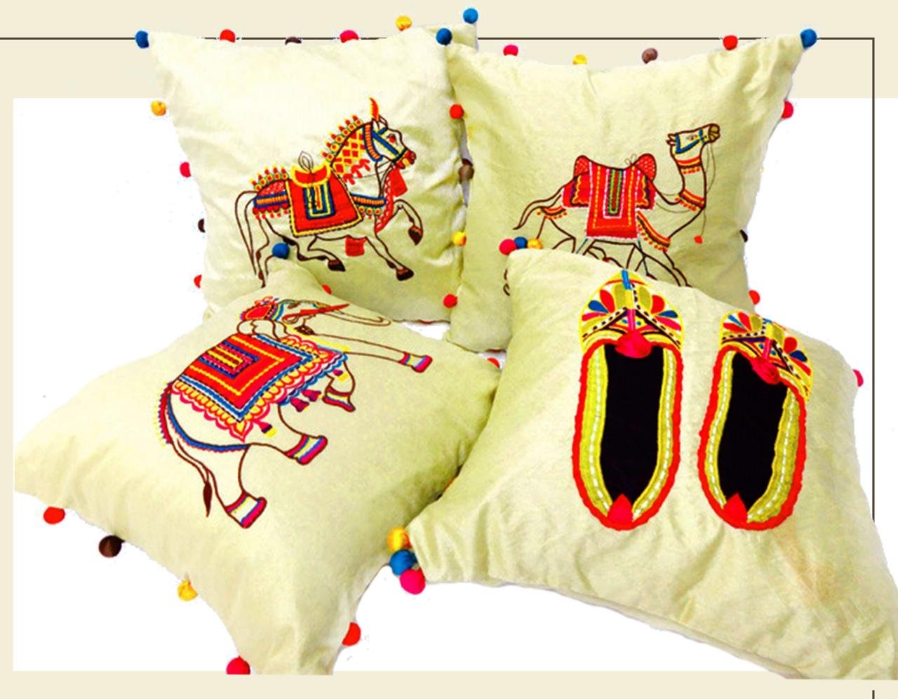 Camel-Embroidred Dupion Silk Cushion Cover