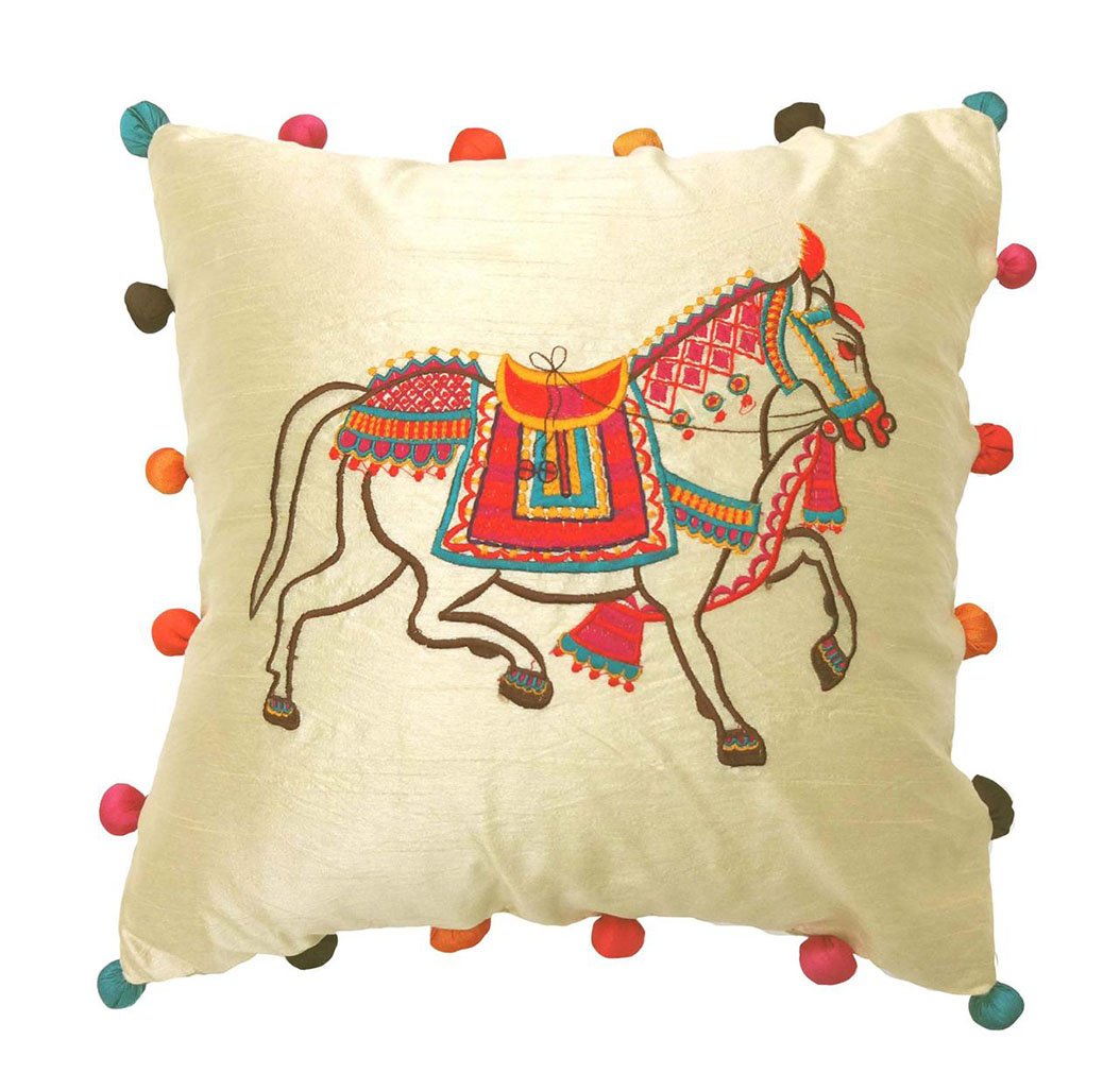 Ghoda-Embroidred Dupion Silk Cushion Cover