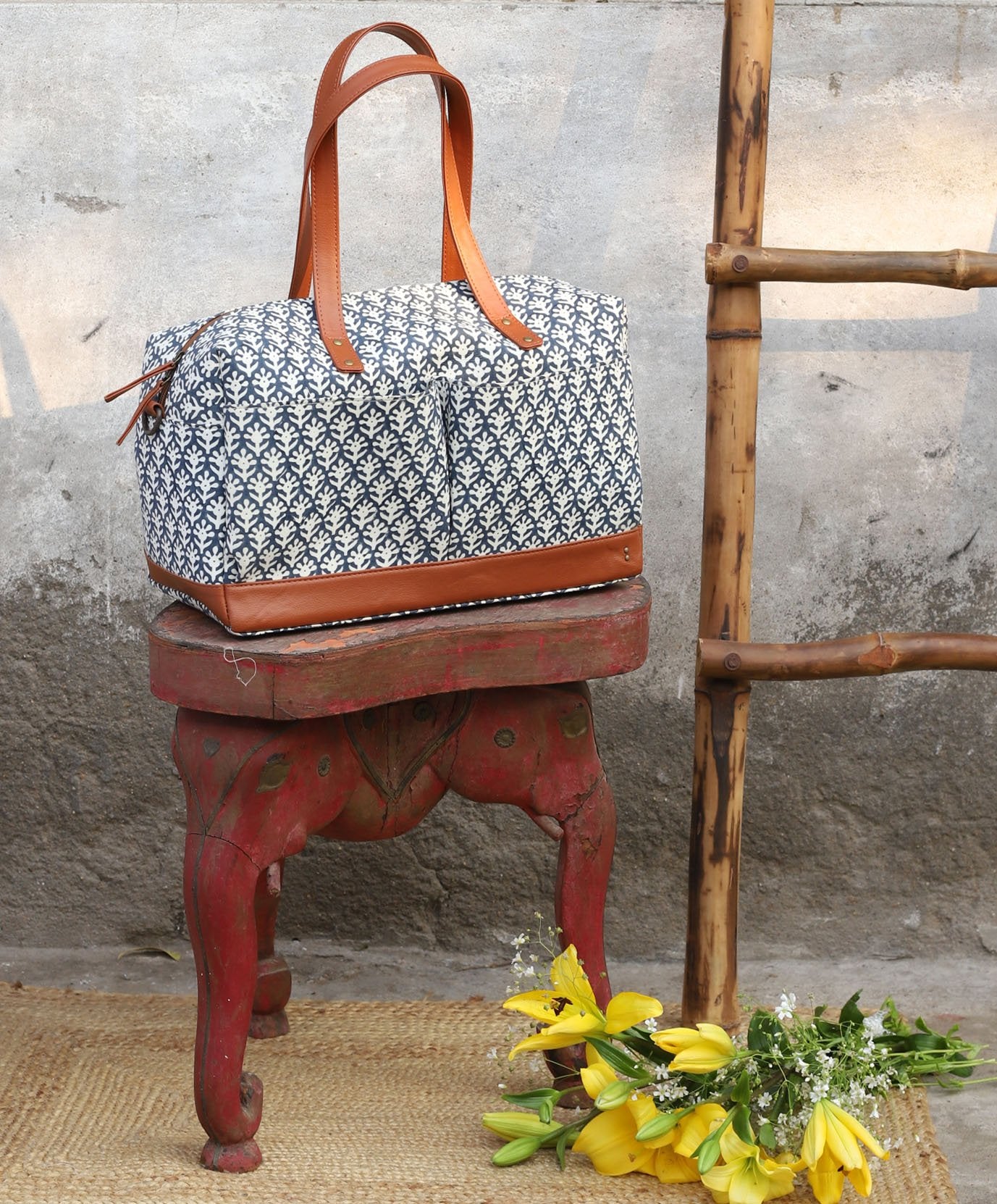 Ditsy Indigo - Hand Block Print Canvas Diaper Bag