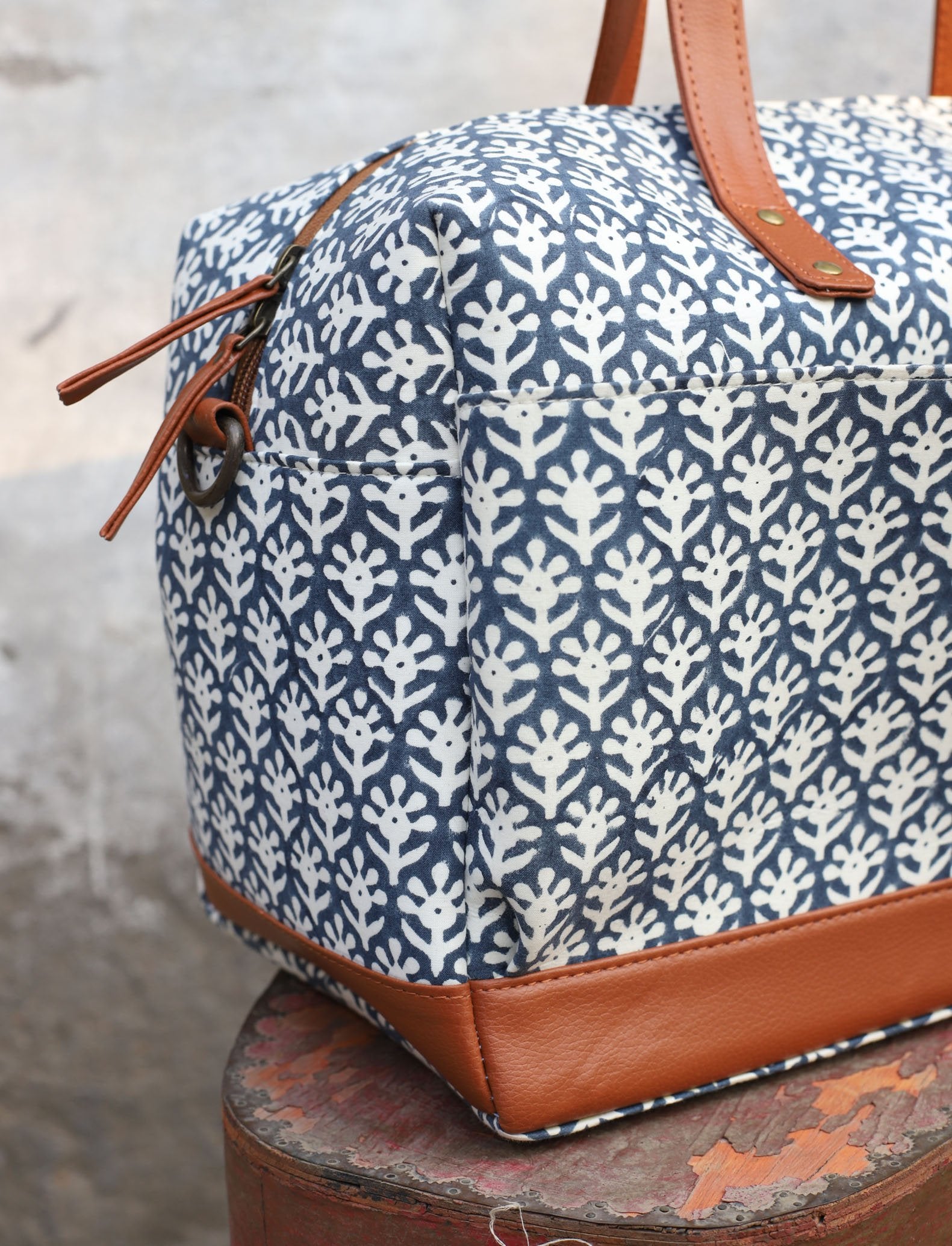 Ditsy Indigo - Hand Block Print Canvas Diaper Bag