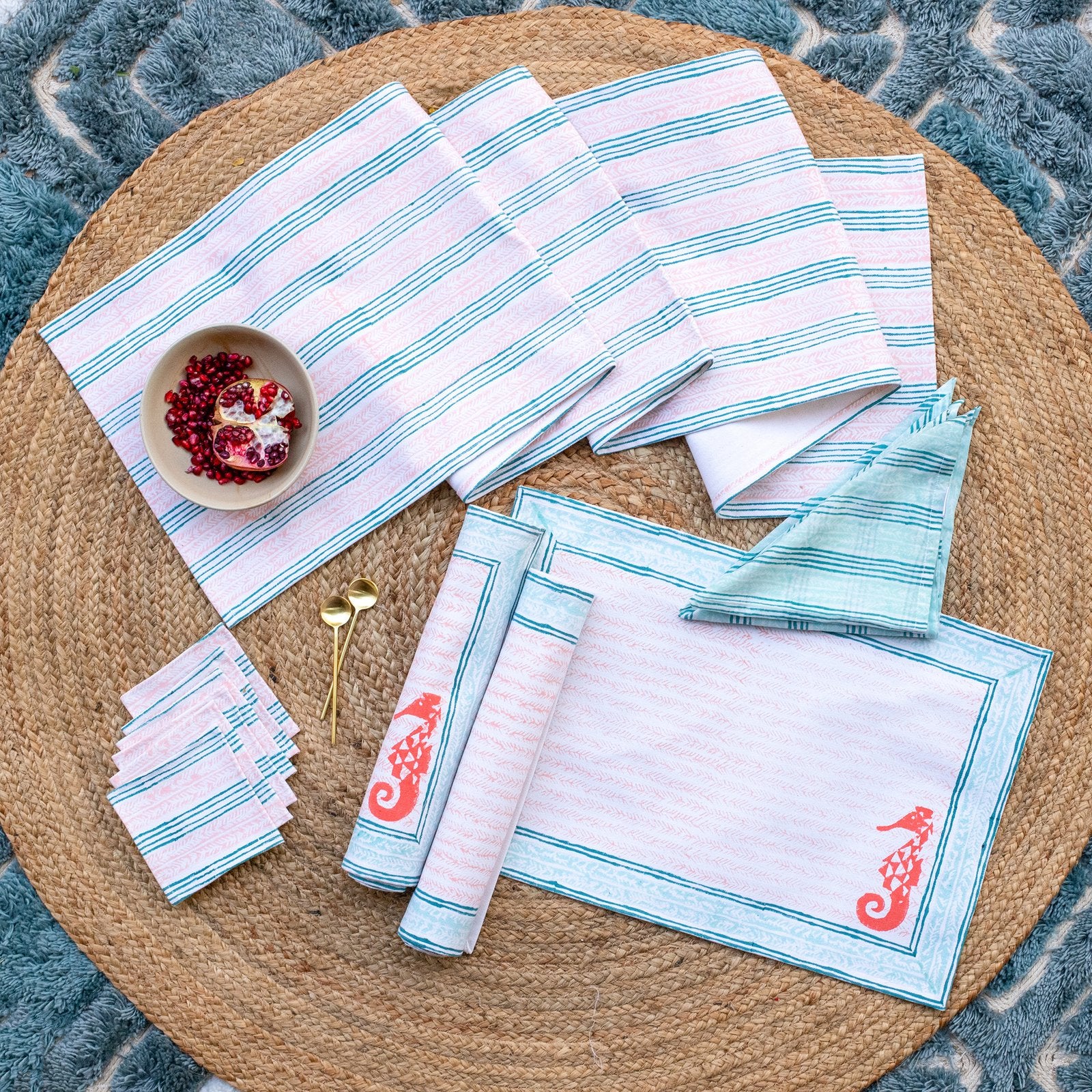 The Seahorse-Hand Block Print Cotton Coaster Set Of 6