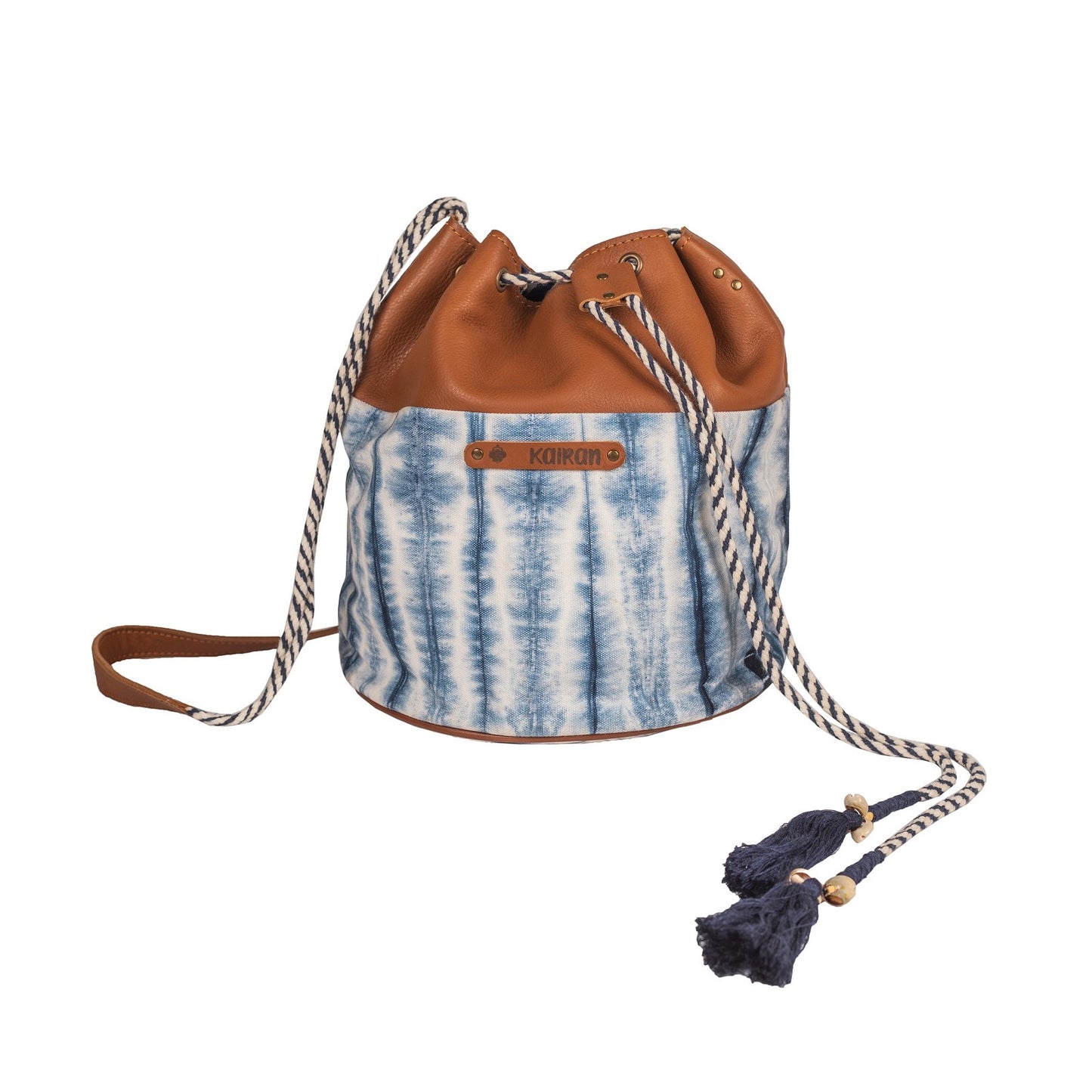 White-Blue Handcrafted- Meraki Bucket Bag