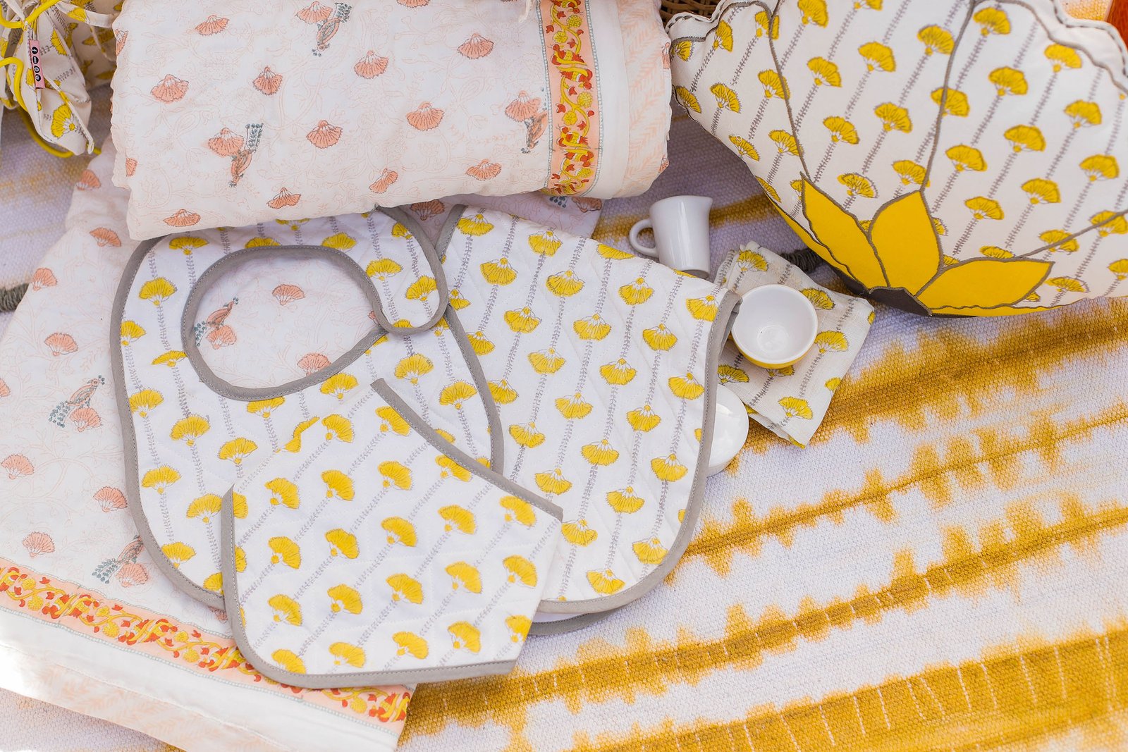 The Chirping Birds - Hand Block Print Cotton Burp Cloth (Yellow)