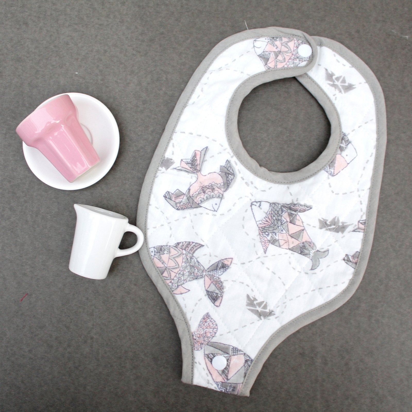 Machali Aur Naav (Pink) - Hand Block Print Cotton Bib With Pacifier Holder