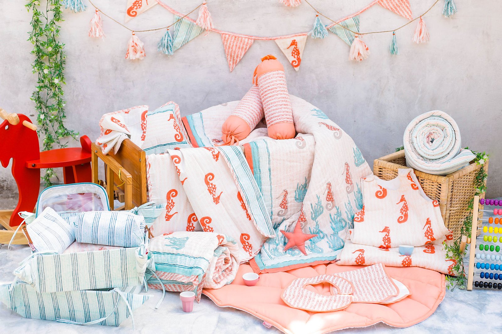 Seahorse And Seaweeds - Hand Block Print Cotton Bolsters Set