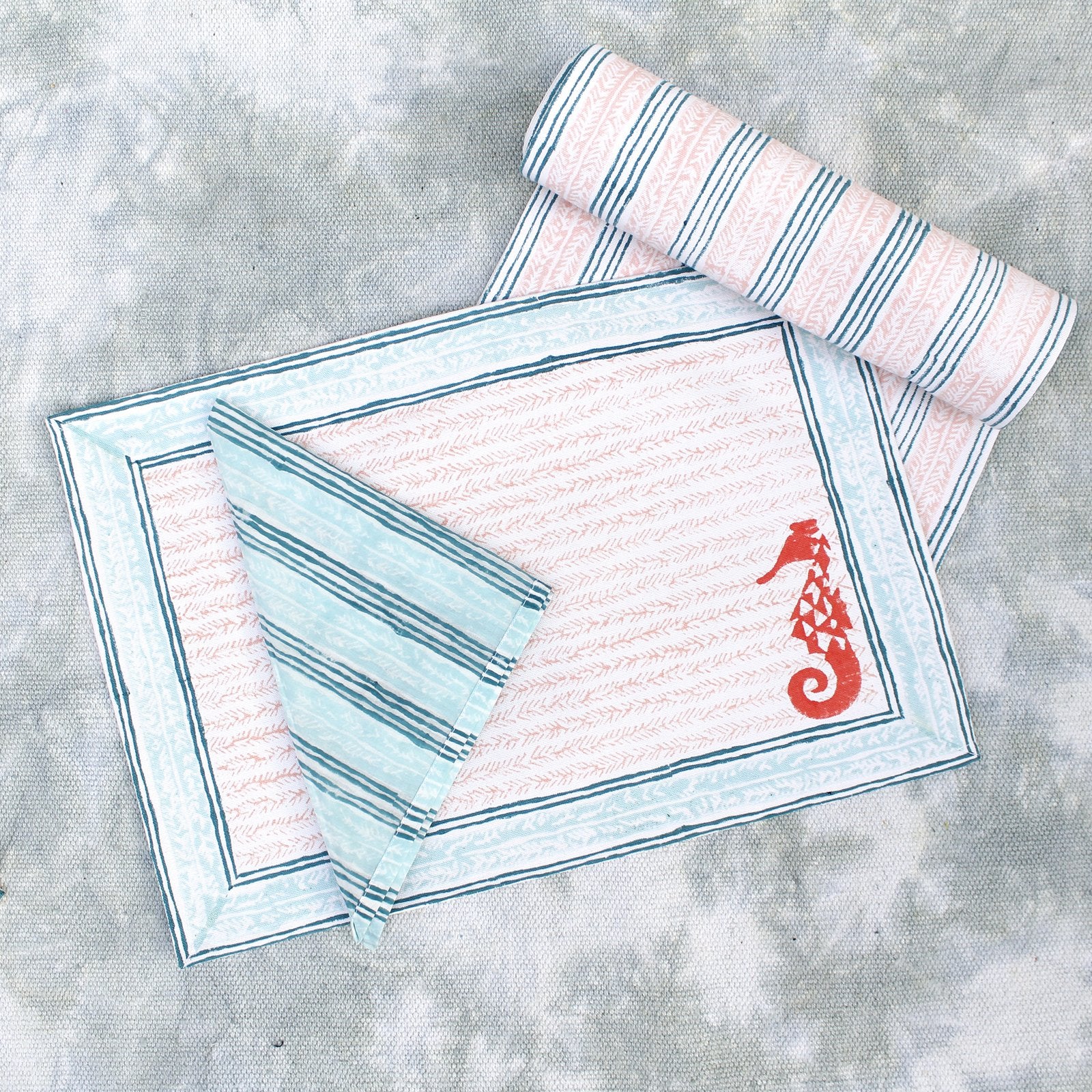 The Seahorse-Hand Block Print Cotton Napkin Set Of 6